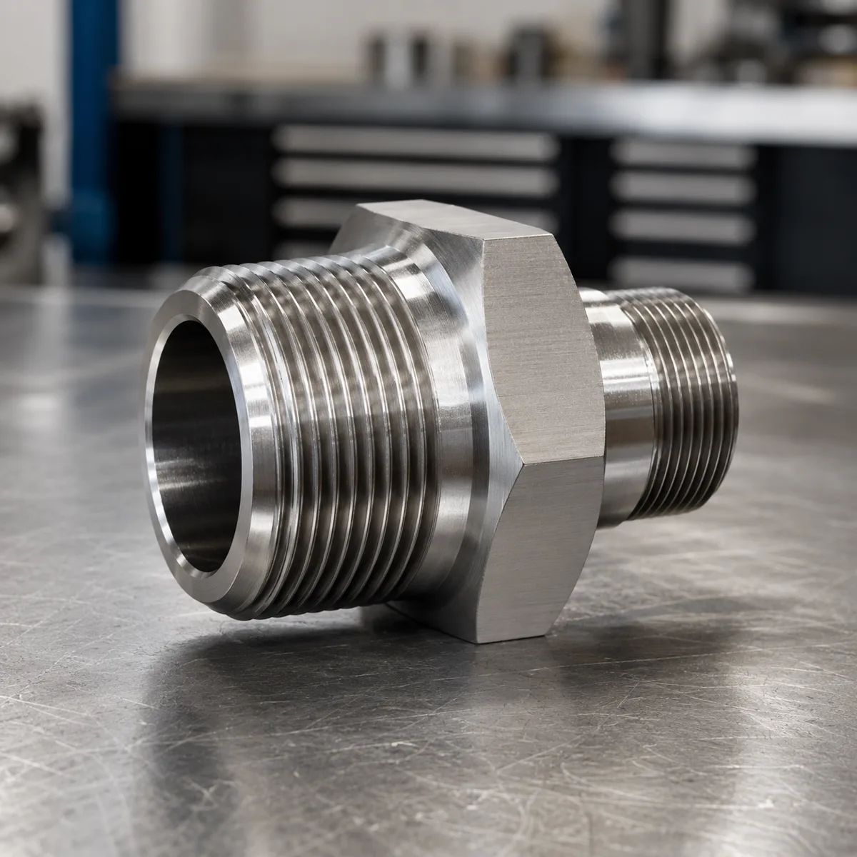 Pièce double mâle en gros diamètre métrique avec six pans central de serrage, tournée CNC sur mesure — EKINSUN