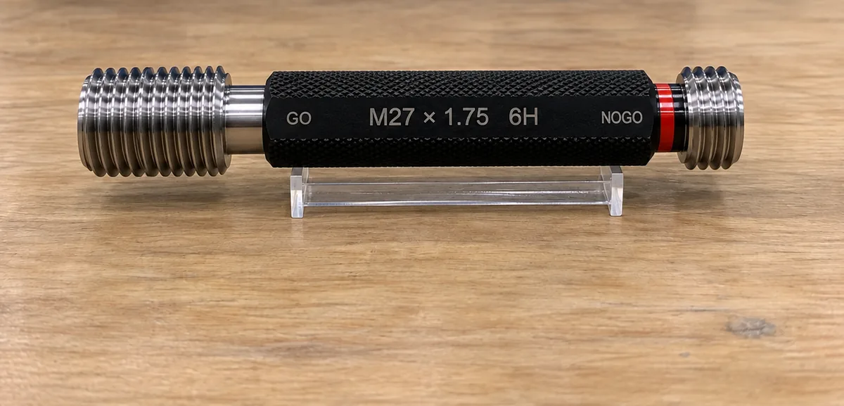 M27×1.75 6H go/no-go thread plug gauge, GO end and red-banded NOGO end, held by EKINSUN for checking the special pitch