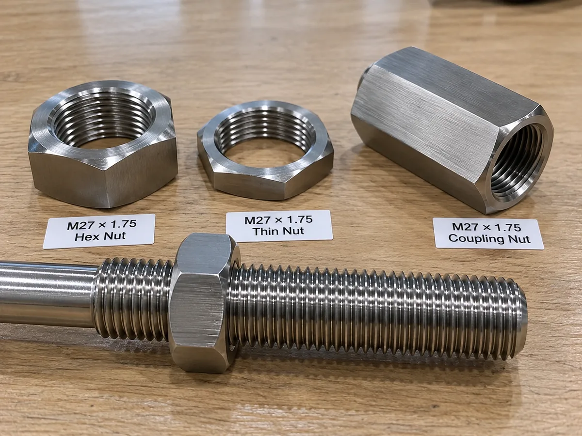 M27×1.75 hex nut, thin nut and coupling nut in stainless steel beside an M27×1.75 stud with a nut fitted, made by EKINSUN