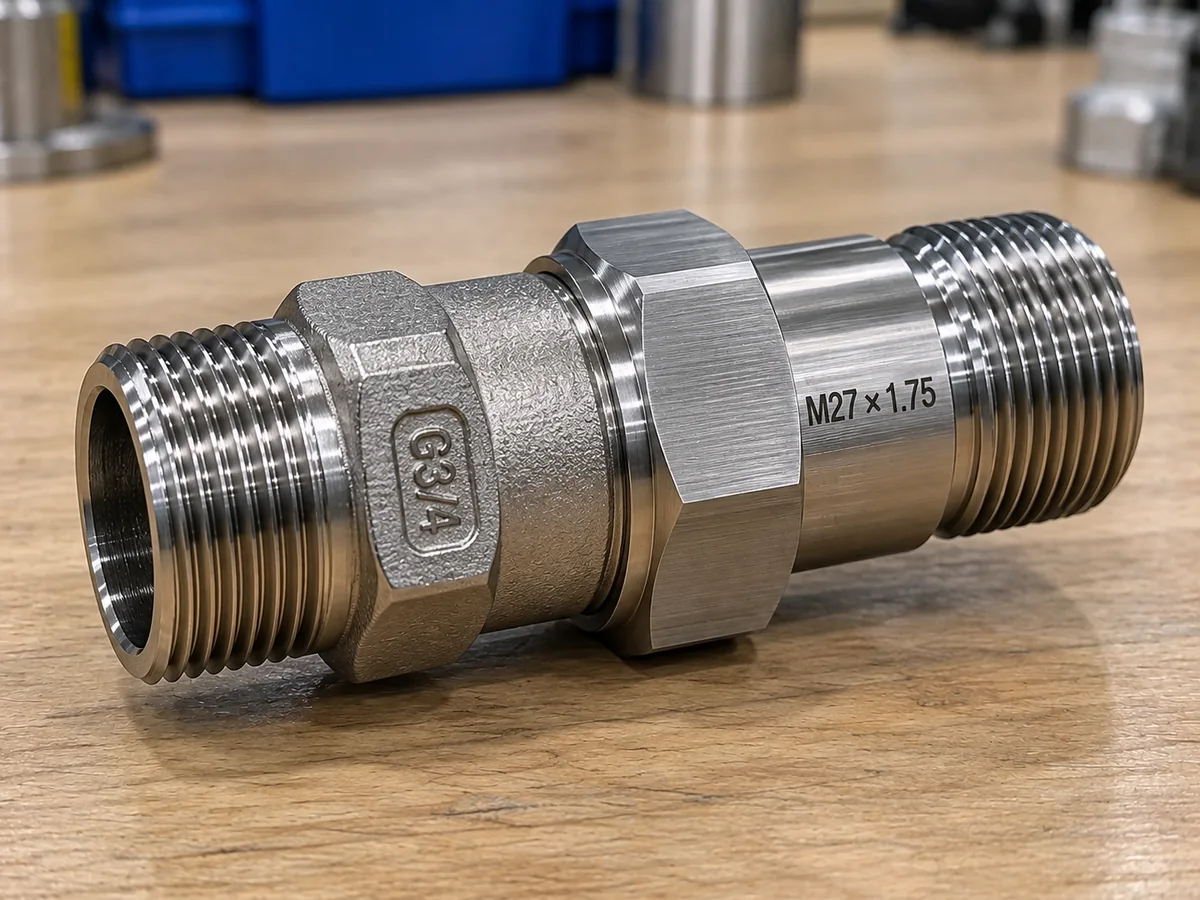 Stainless M27×1.75 male to G3/4 female adapter, marked M27 × 1.75, with a G3/4 male nipple screwed into its female end