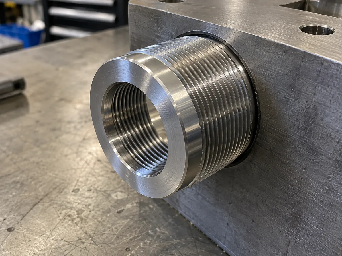 Flanged thread repair bushing with an M27×1.75 internal thread and a fine external thread, entering a steel housing port