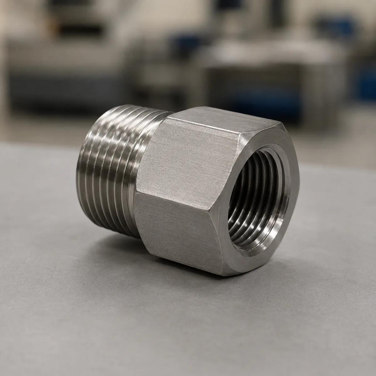 Stainless steel male-to-female thread adapter with a hex drive section and a threaded bore in the end face