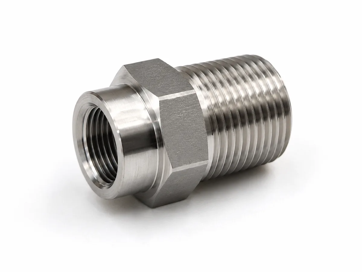 CNC-gedrehter Reduzieradapter aus Edelstahl mit langem Außengewinde, Sechskant in der Mitte und Innengewinde am kleineren Ende