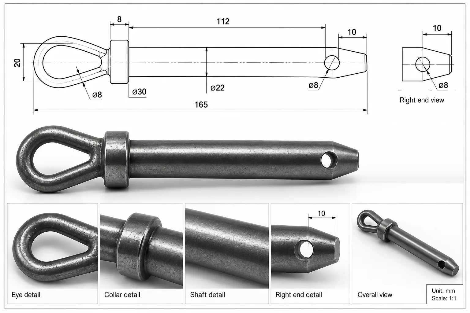 Reference drawing and views of the C45 eye-head pin: a dimensioned side view with Ø22 shaft, Ø30 × 8 mm collar, an eye of Ø8 section and Ø8 cross hole over 165 mm, a rendered view of the pin, and detail views of the eye, collar, shaft and tapered end