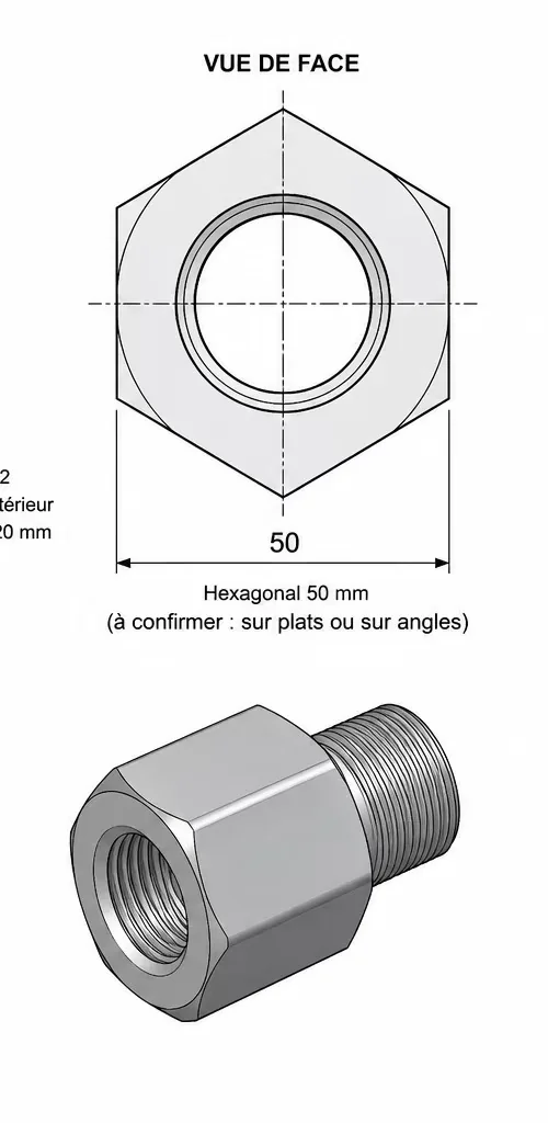 EKINSUN 3D CAD model of the M30×3.5 to M24×2 custom thread adapter in a 50 mm hex body