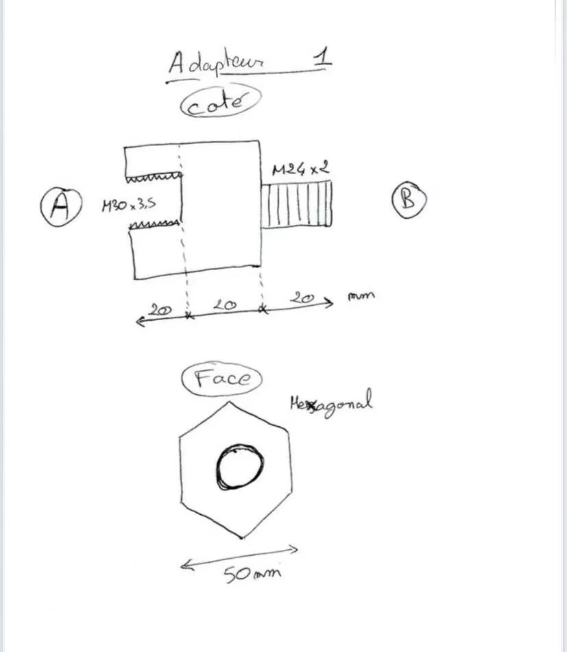 Customer hand drawing of a custom thread adapter: side A M30×3.5 female, side B M24×2 male, hexagonal 50 mm body