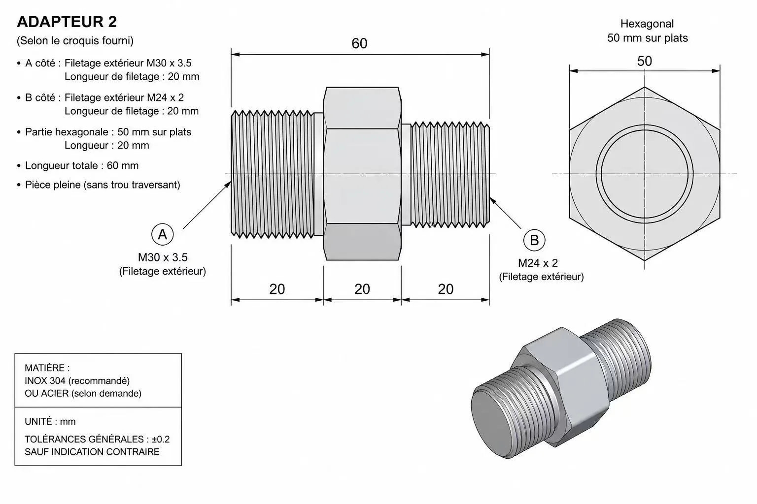 EKINSUN fully dimensioned production drawing of the double-male M30×3.5 to M24×2 adapter: 50 mm hex across flats, solid, 304 stainless, ±0.2 mm