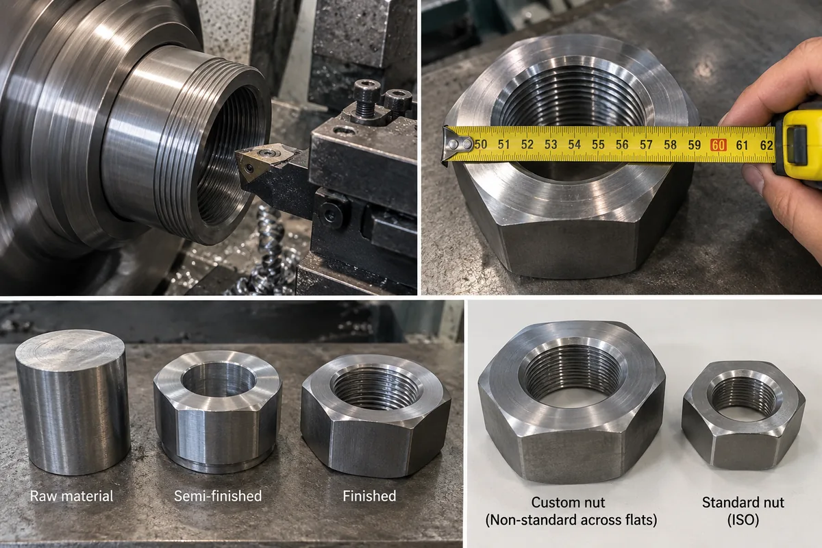 Four-panel composite: a large hex nut being threaded in a lathe, a finished large hex nut beside a tape measure, three nuts labelled raw material, semi-finished and finished, and a custom wide-flats nut beside a standard ISO nut