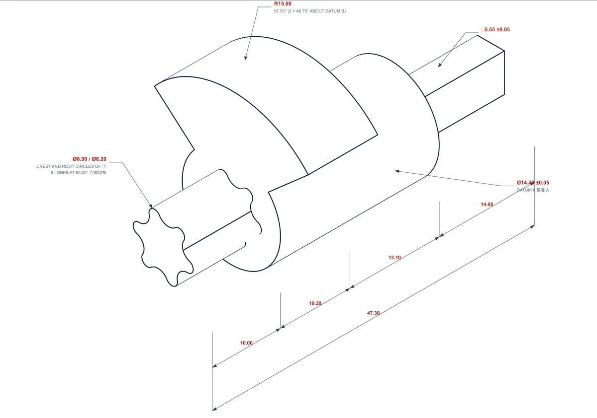 Isometric detail from the EKINSUN released manufacturing drawing of a custom 47.30 mm 6061-T6 stepped shaft — milled six-lobe end at crest Ø8.90 and root Ø6.20, 97.50 degree fan lug on R15.00, turned Ø14.40 body and 5.55 mm square drive, dimensioned along one axis — EKINSUN
