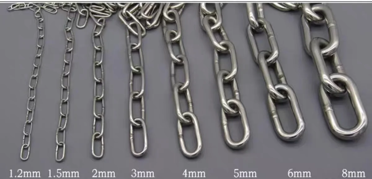 Eight lengths of zinc plated link chain hung side by side from thinnest to thickest against a grey background, labelled 1.2, 1.5, 2, 3, 4, 5, 6 and 8 mm wire diameter, the links growing in pitch and width with the wire
