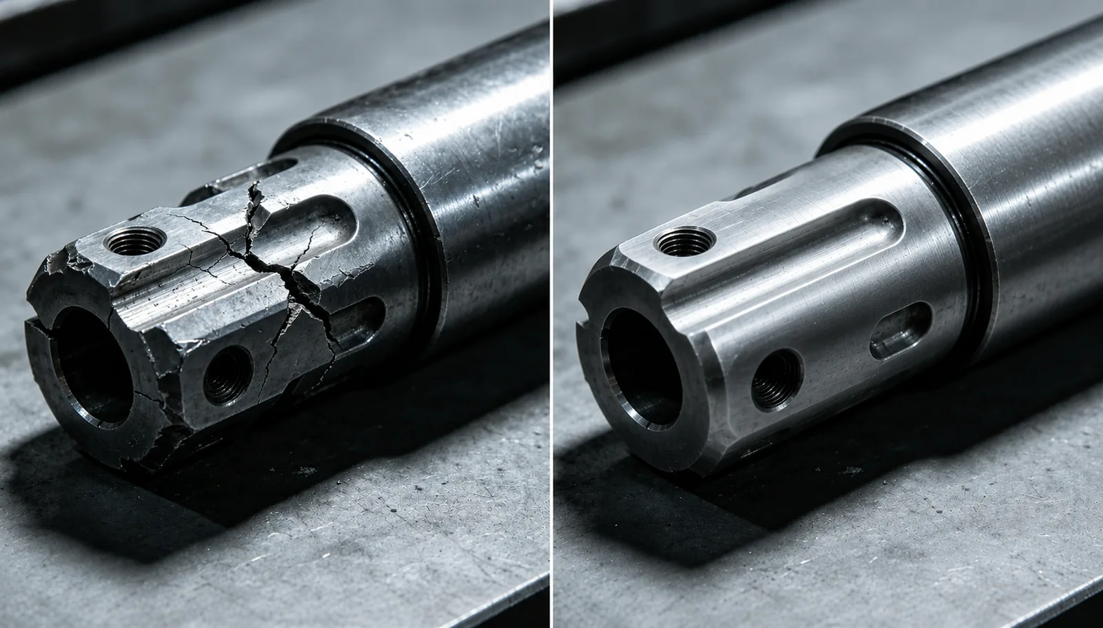A broken metal part reproduced as an exact CNC-machined replacement — before and after