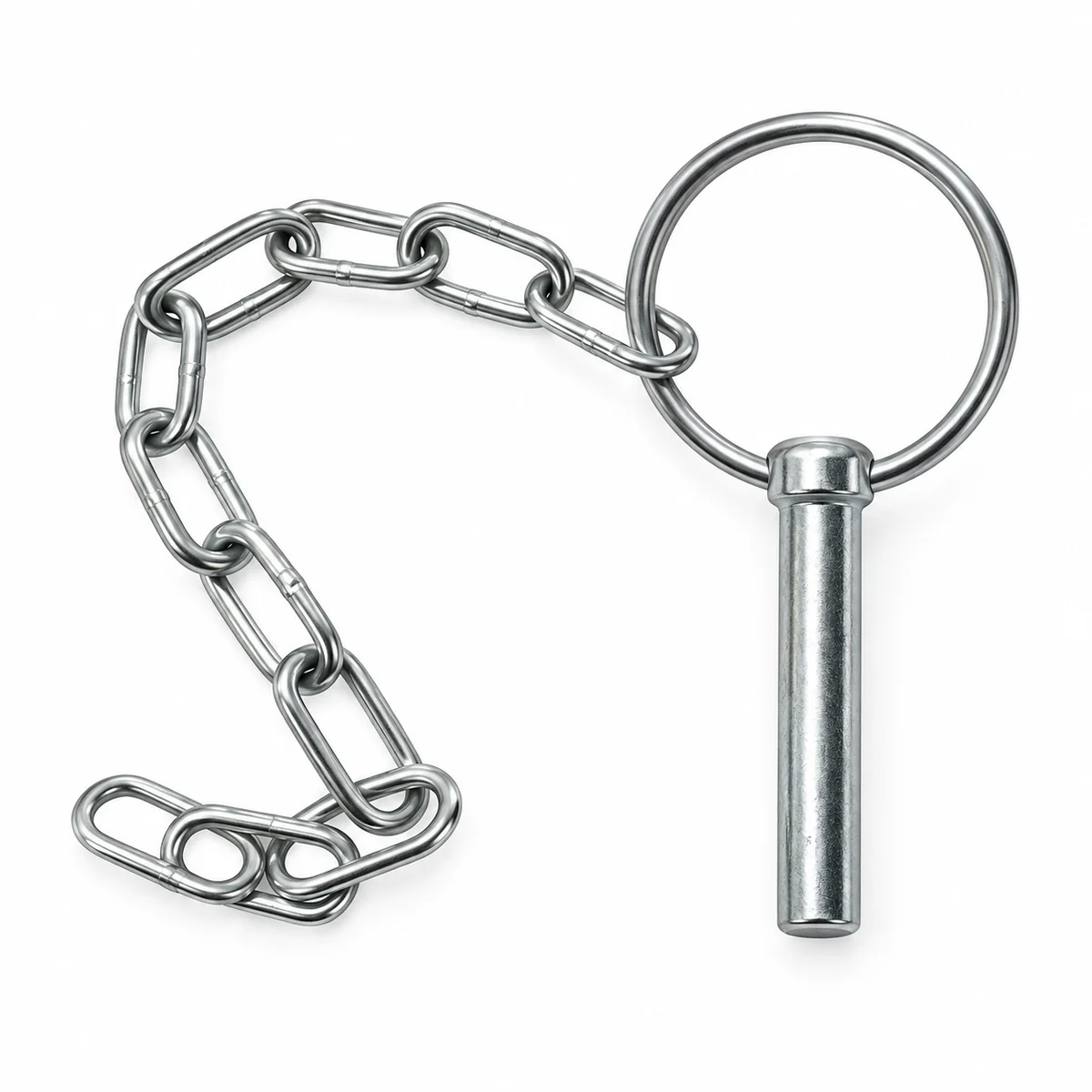 Zinc plated ring-head lock pin with a plain cylindrical shank and a welded link chain attached through the head ring, the free end of the chain finishing in a small open link for the anchor point