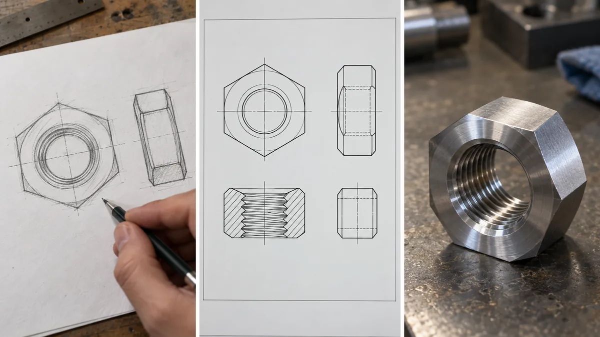 Three panels: a pencil sketch of a hex nut with a section view, the same nut as a dimensioned drawing sheet, and the machined hex nut