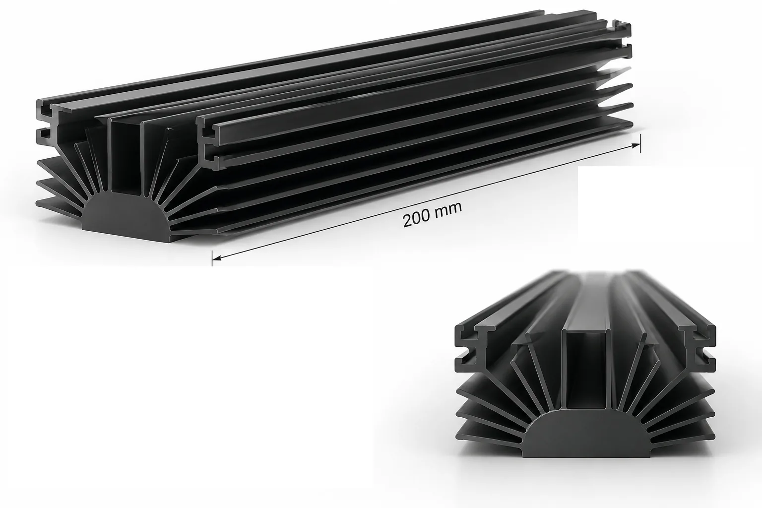 Reference rendering of the 200 mm special-profile heat sink, shown black-finished: radial fins fanning out from a half-round base and a flat top carrying two T-slots, shown along its full length and end-on