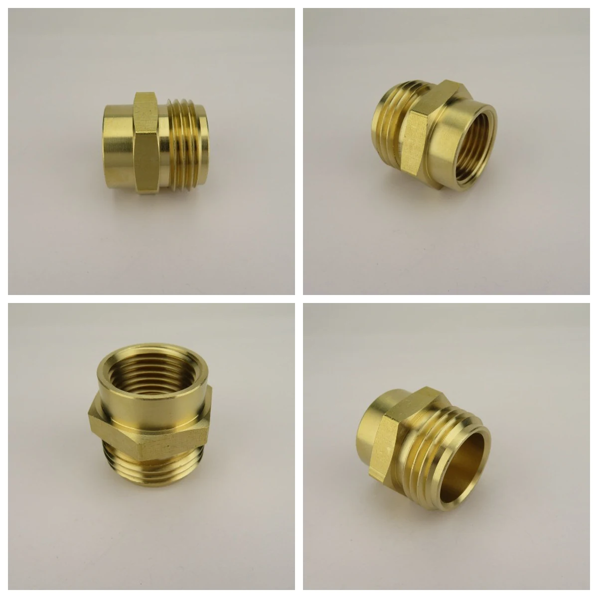 Brass thread adapter machined from hex bar with a male thread on one end and a female thread on the other