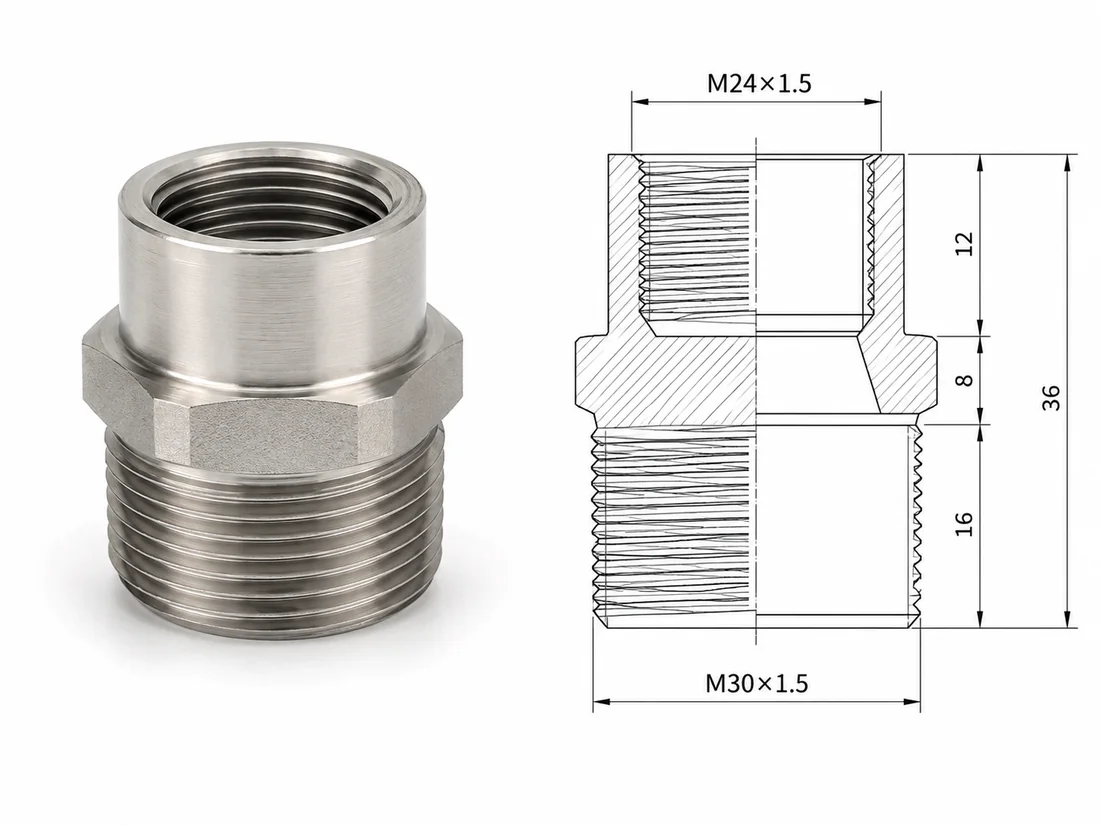 Custom threaded adapter production drawing — M30x1.5 male to M24x1.5 female, stainless steel hex body, 36 mm — machined by EKINSUN
