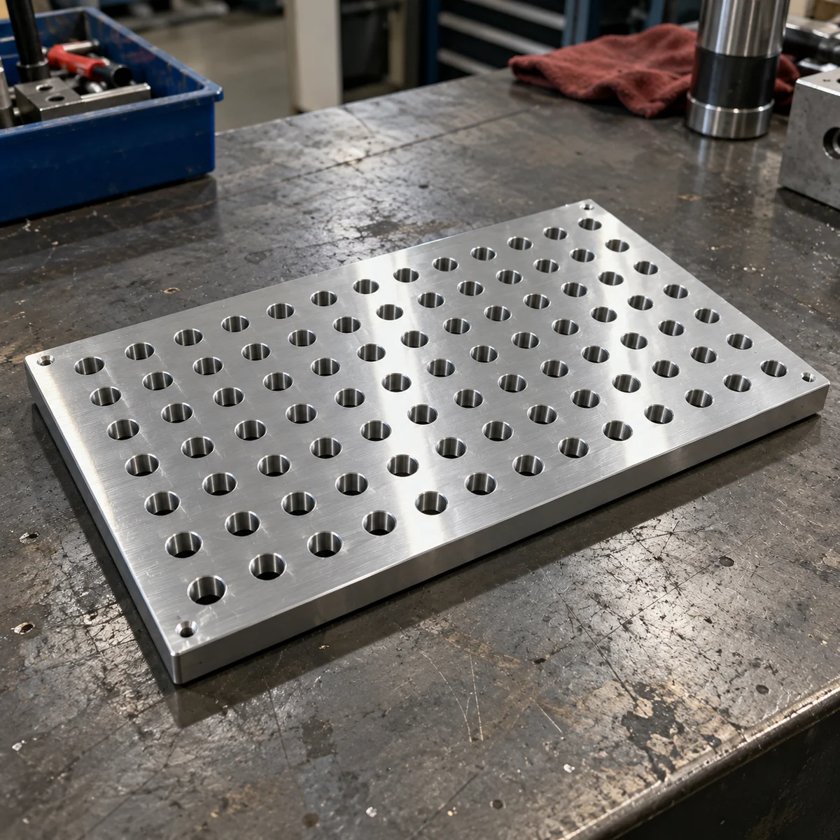 Placa de aluminio con rejilla de agujeros mecanizada según plano por EKINSUN — cotas en ISO 2768-m, posiciones toleradas en el plano