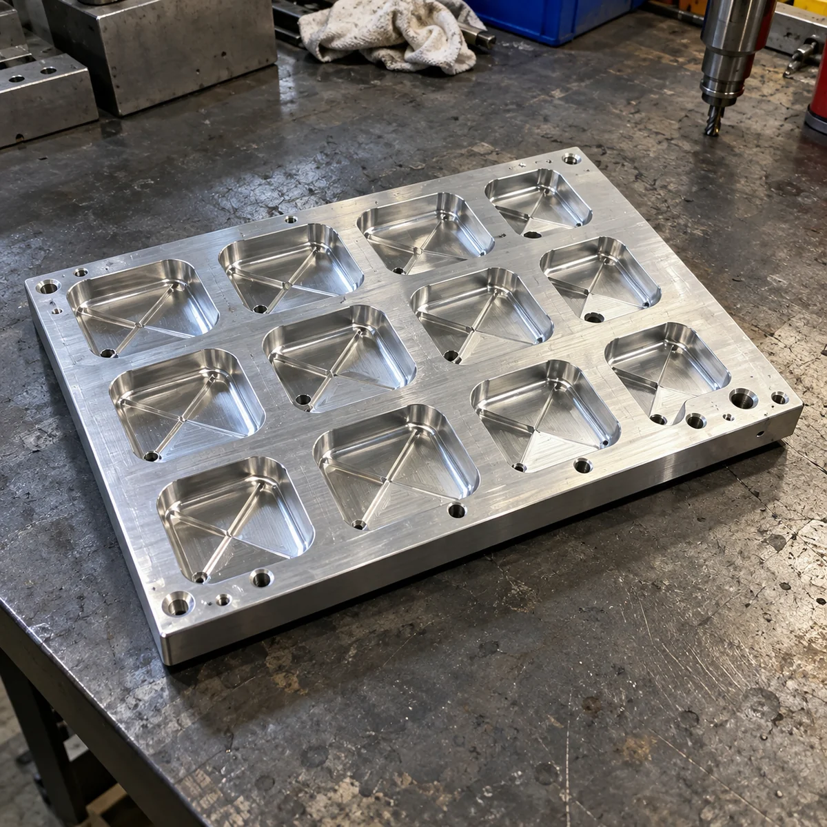 Aluminium nest plate with twelve rounded rectangular pockets, each with an X-shaped relief in the floor and a small hole, and counterbored holes around the edge