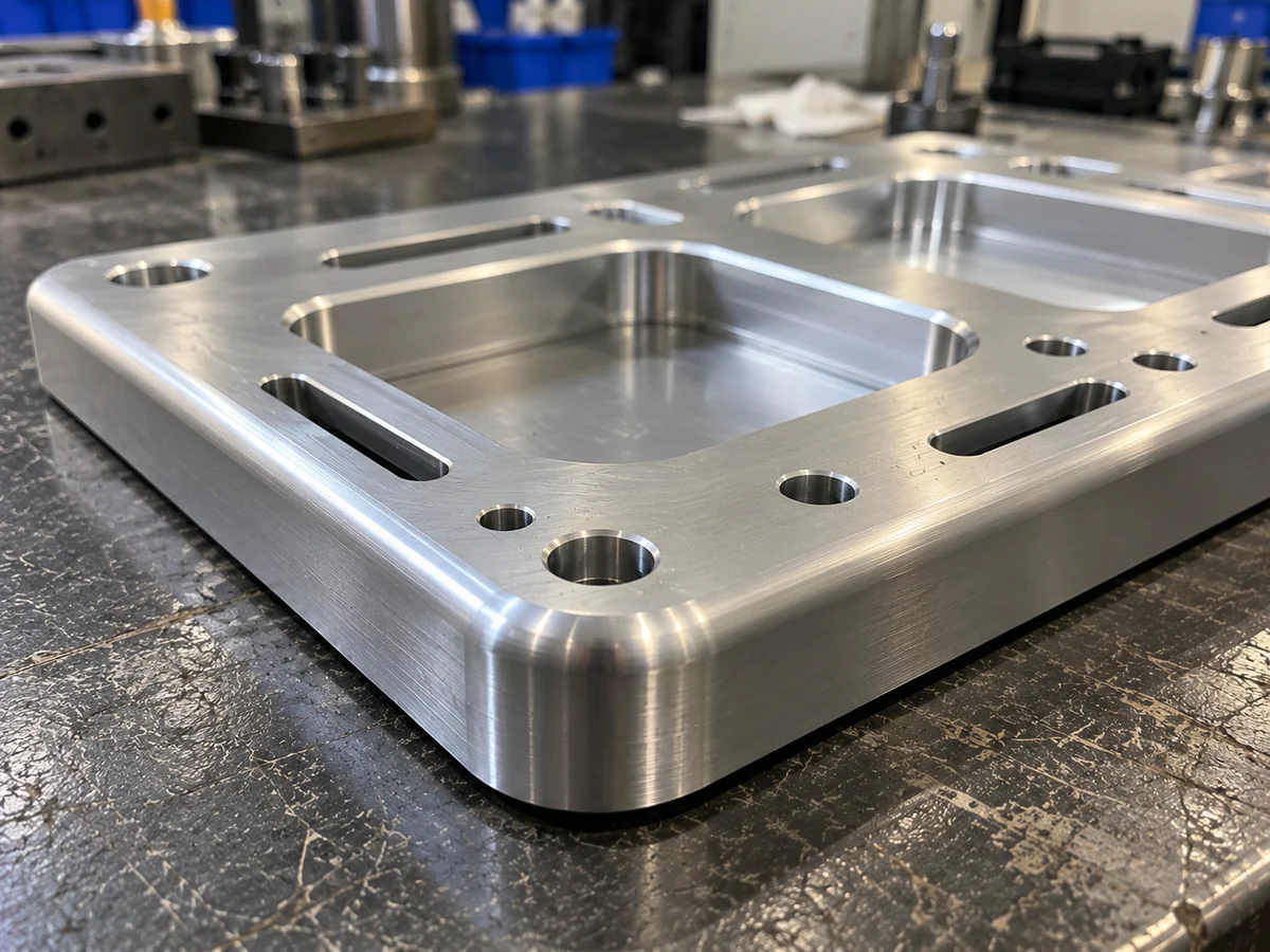 Close-up of a machined aluminium plate edge with a large rounded top edge and a radiused corner, slotted holes, a counterbored hole and a deep rectangular pocket