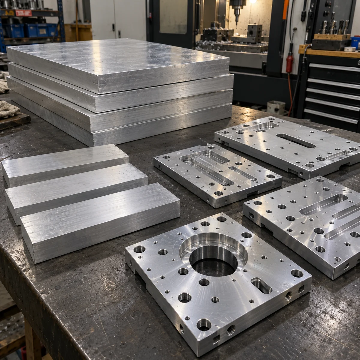 Stacked aluminium plate blanks and sawn bars on a workbench beside four finished machined plates with counterbored holes, tapped holes, slots and a large stepped bore