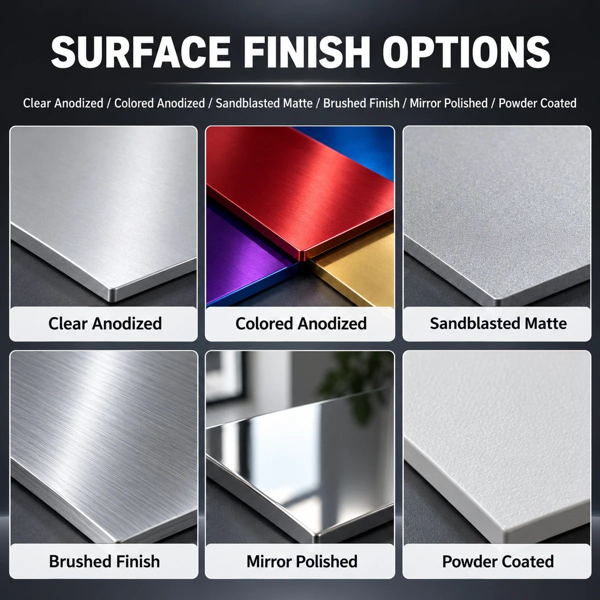 Six aluminium plate corners showing the finish options: clear anodised, coloured anodised in red, blue, purple and gold, sandblasted matte, brushed, mirror polished and powder coated