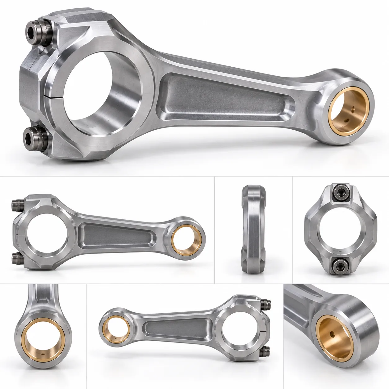 Billet 7075-T6 motorcycle suspension link machined by EKINSUN from the customer's drawing, three views