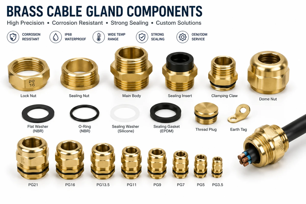 Brass cable gland components named individually — lock nut, sealing nut, main body, sealing insert, clamping claw, dome nut, washers and O-rings — above a size lineup from PG21 down to PG3.5