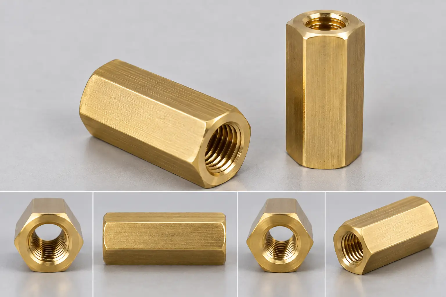Six views of one brass hex coupling nut on a grey background: a three-quarter view showing the long hex body and the tapped through hole, an upright view down the bore, two end-on views showing the thread running the full length, and a side view showing the six flats and the brushed bar finish