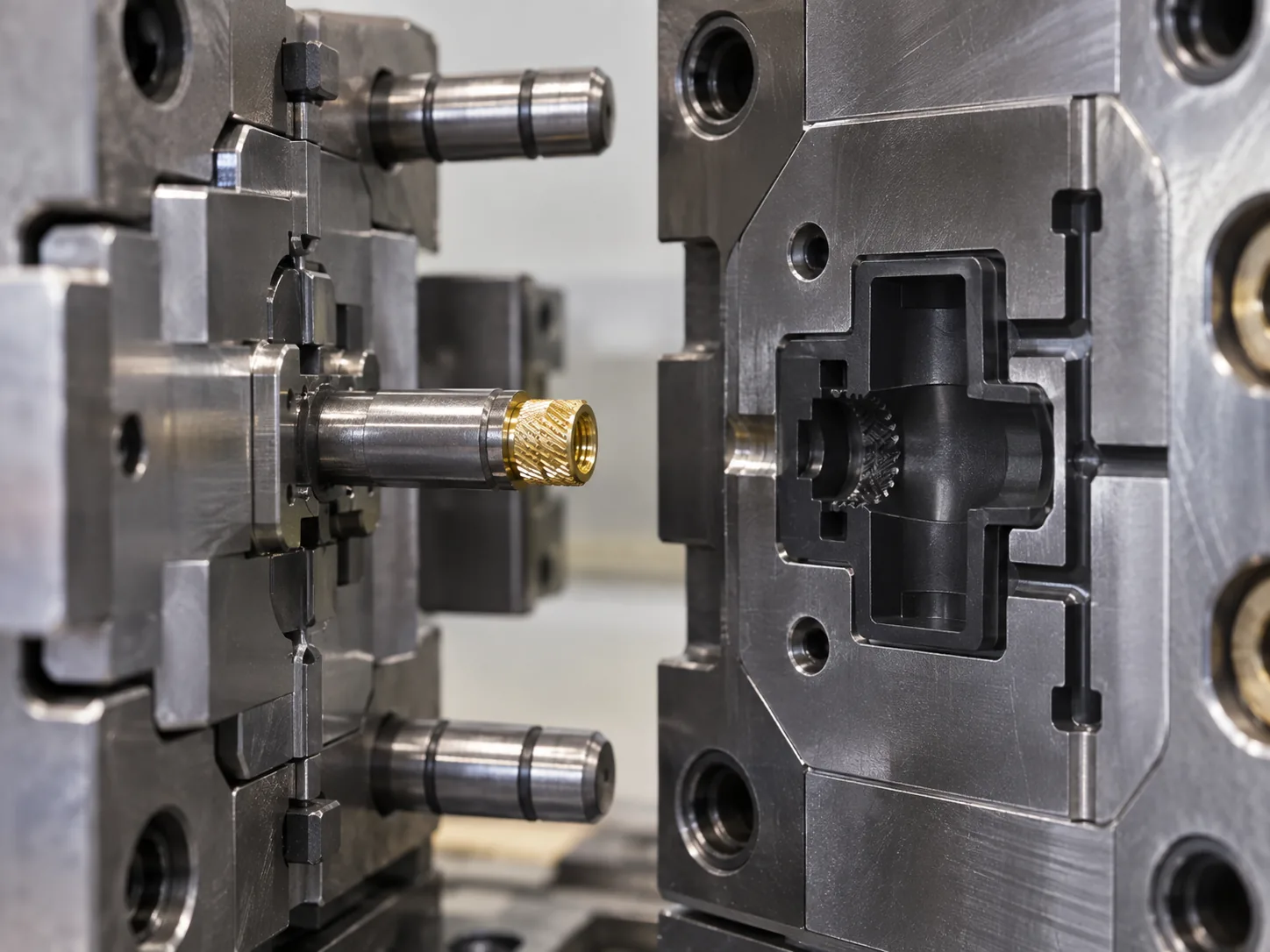 An injection mould standing open, with a knurled brass insert sitting on a locating pin on the core half, facing the cavity that will form the part