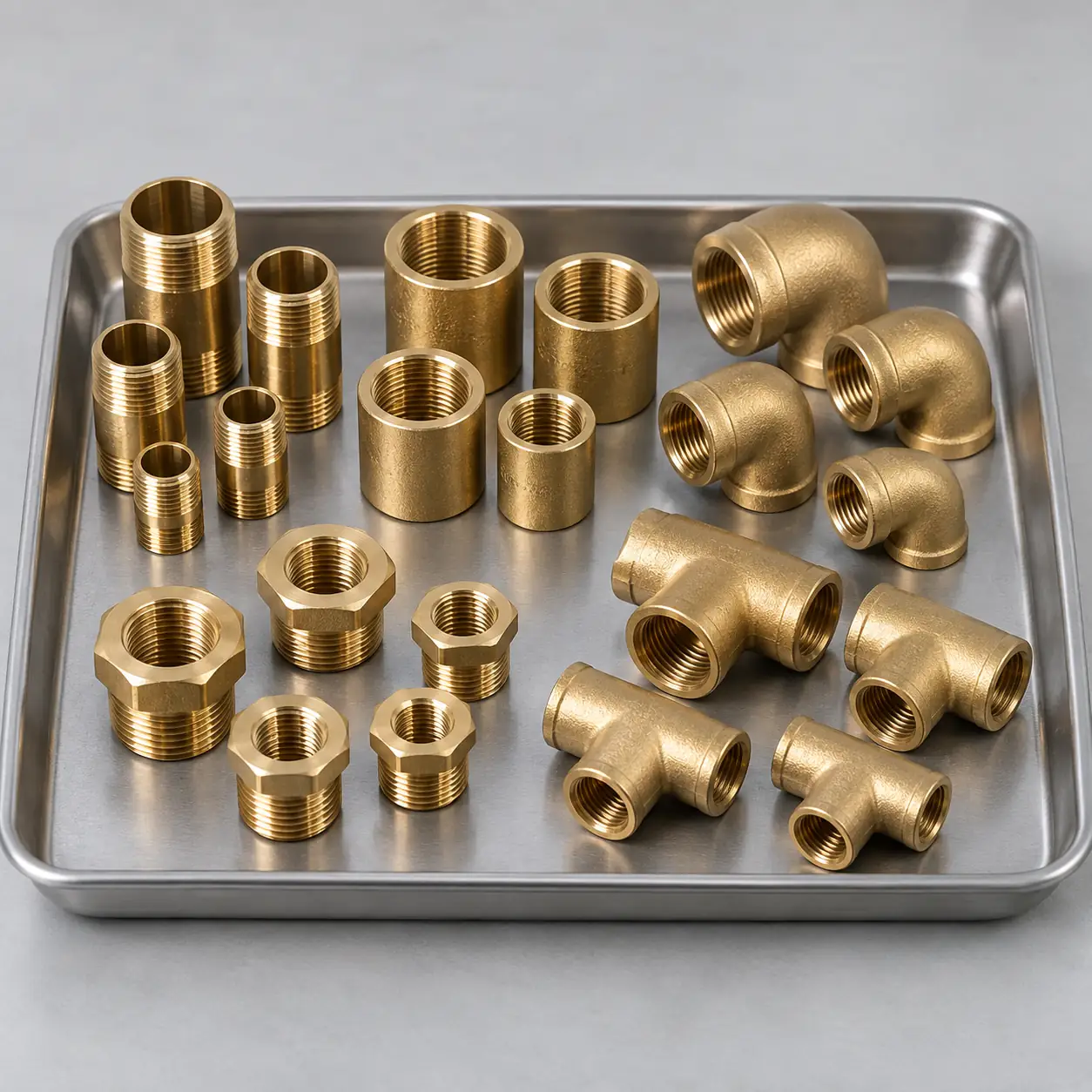 A stainless tray holding brass pipe fittings: hex nipples in four lengths, straight couplings in three sizes, hex reducing bushings, three 90-degree elbows and three tees, all with the threads visible