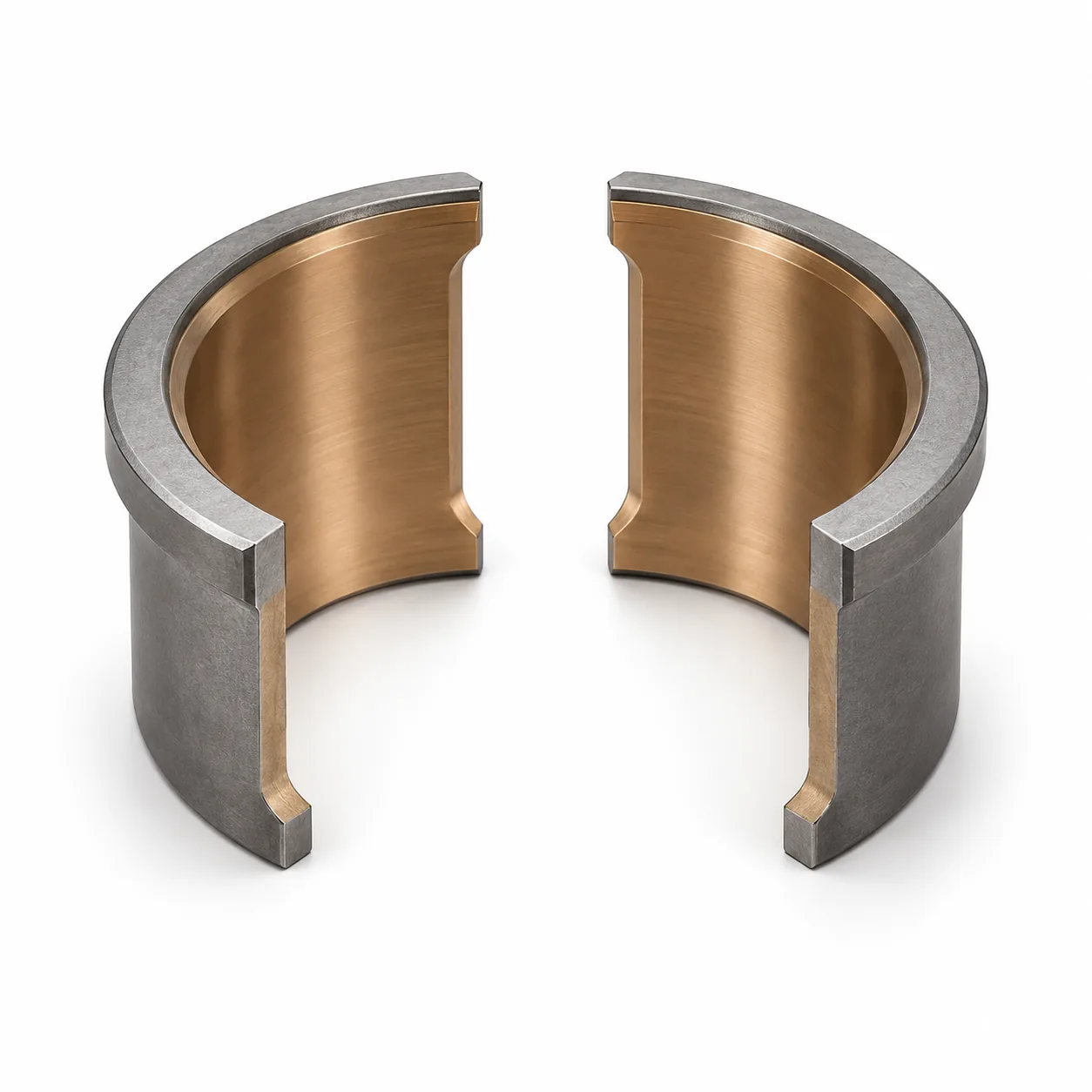 A bronze bushing split into two halves, standing apart on a white background