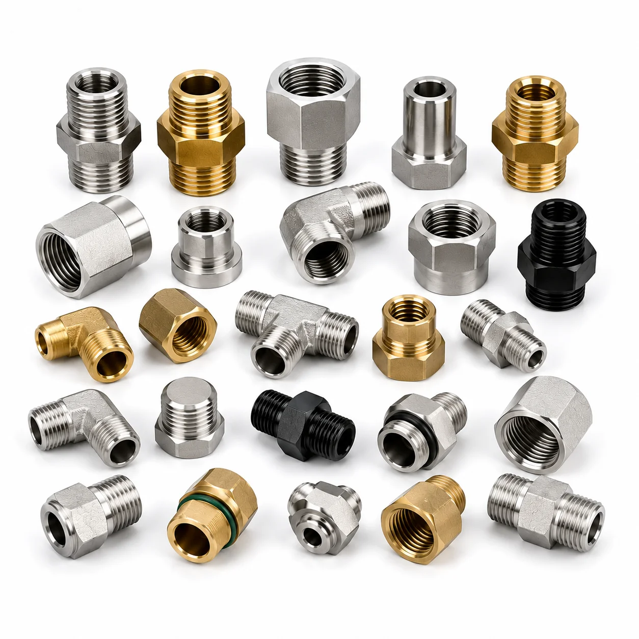 Stainless steel BSP, NPT and ORFS thread adapters with O-ring face seal fittings machined by EKINSUN