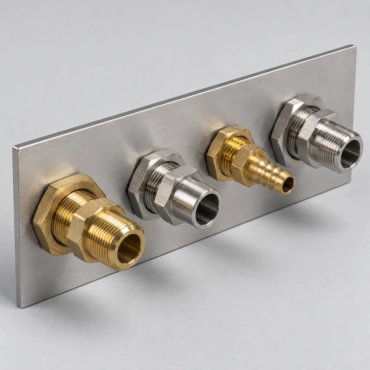 A brushed stainless panel seen at an angle with four bulkhead fittings passing through it, each clamped by a jam nut against the panel face: a brass male-threaded body, a stainless tube-stub body, a brass hose barb and a stainless male-threaded body