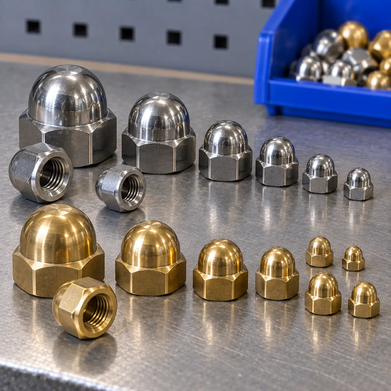 Custom dome cap nuts machined by EKINSUN in stainless steel and brass, the grade named on the certificate