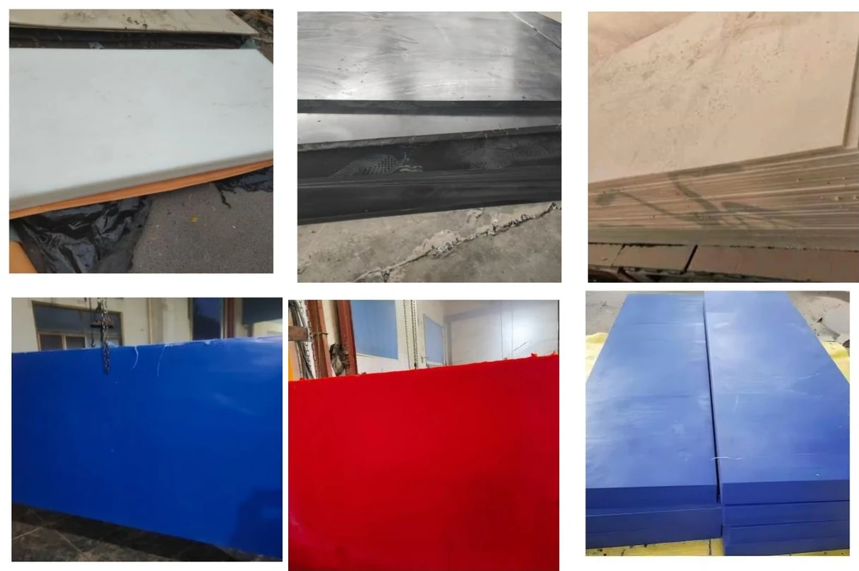 Six photographs of nylon sheet in different grades and colours: an off-white sheet on a pallet, a black molybdenum-disulphide filled sheet, a stack of natural beige sheet, a blue sheet hanging from a chain hoist, a red sheet standing on edge, and a stack of blue sheets cut to size