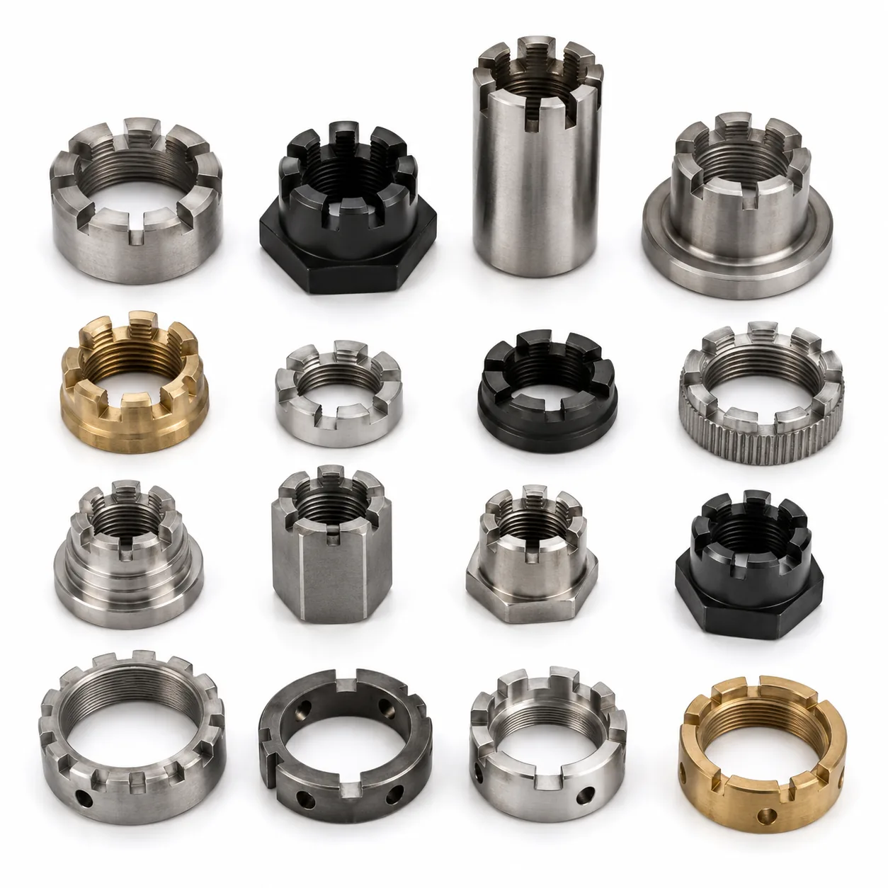 Castle and slotted nuts in steel, brass and black oxide — EKINSUN
