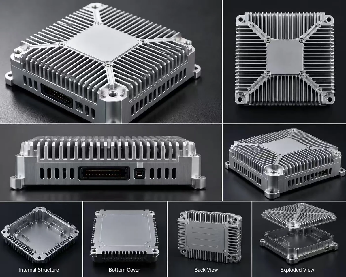 Custom CNC aluminum heatsink enclosure from a recent production run — top fin field, internal cavity with standoffs, machined bottom cover, connector back panel and exploded view