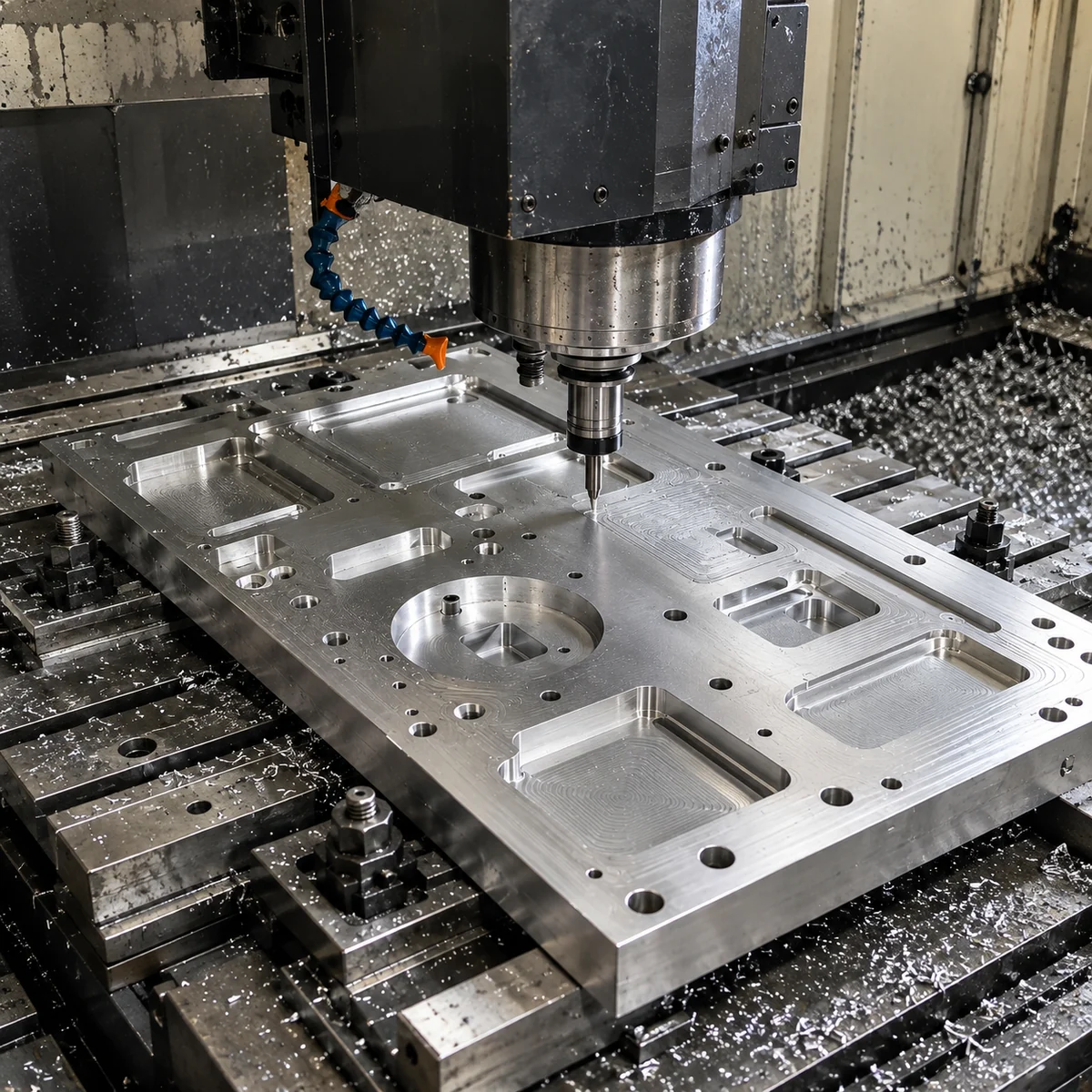 Aluminium plate clamped on the table of a vertical machining centre with the spindle above it, showing milled pockets, a round recess, through holes and tapped holes, with aluminium chips on the table