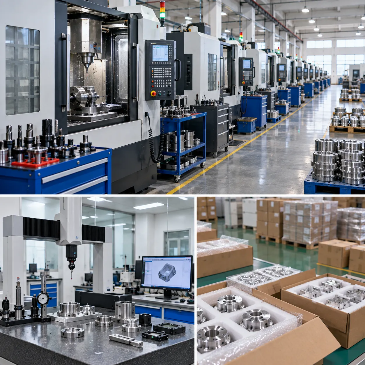 A machining workshop: rows of CNC machines, an inspection bench with parts and a monitor, packed boxes at the side