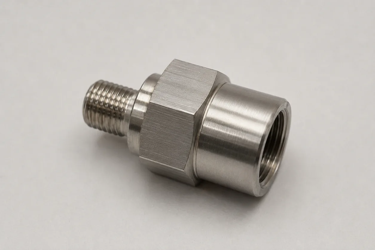 Adaptador de rosca compacto macho-hembra en acero inoxidable cepillado, mecanizado a medida