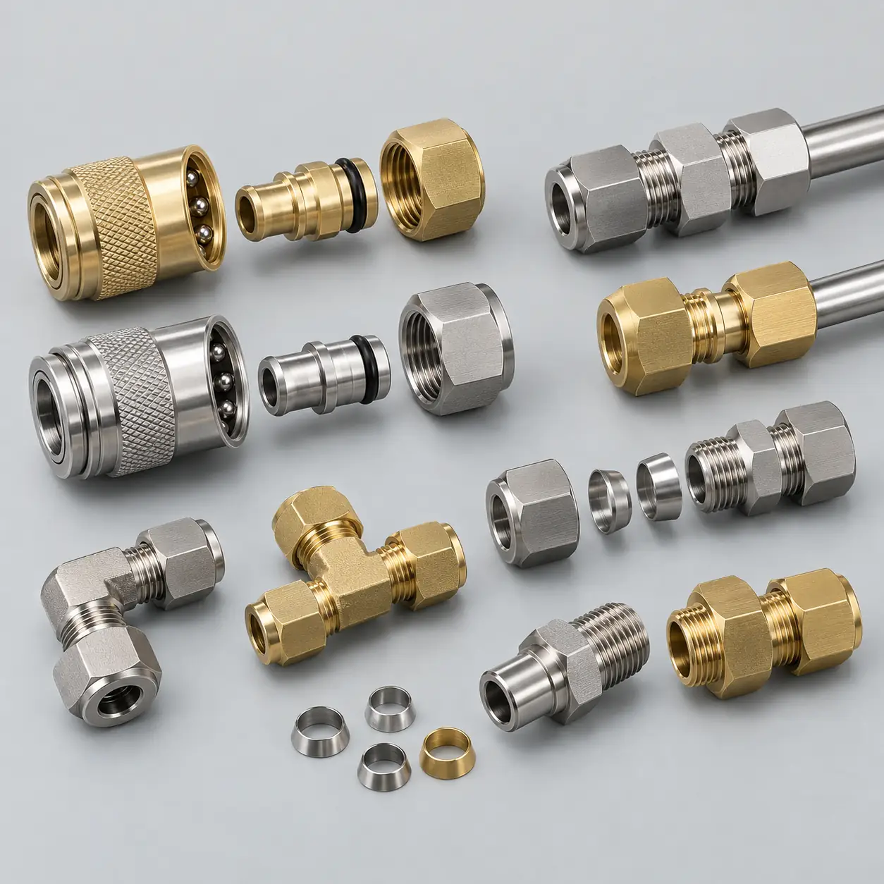 Compression fittings on a light background: two tube assemblies with nuts tightened onto stainless tube, a brass and a stainless union, an elbow and a tee in brass and stainless, a male connector, loose cutting rings and ferrules in the foreground, and two quick-release couplers at the top left