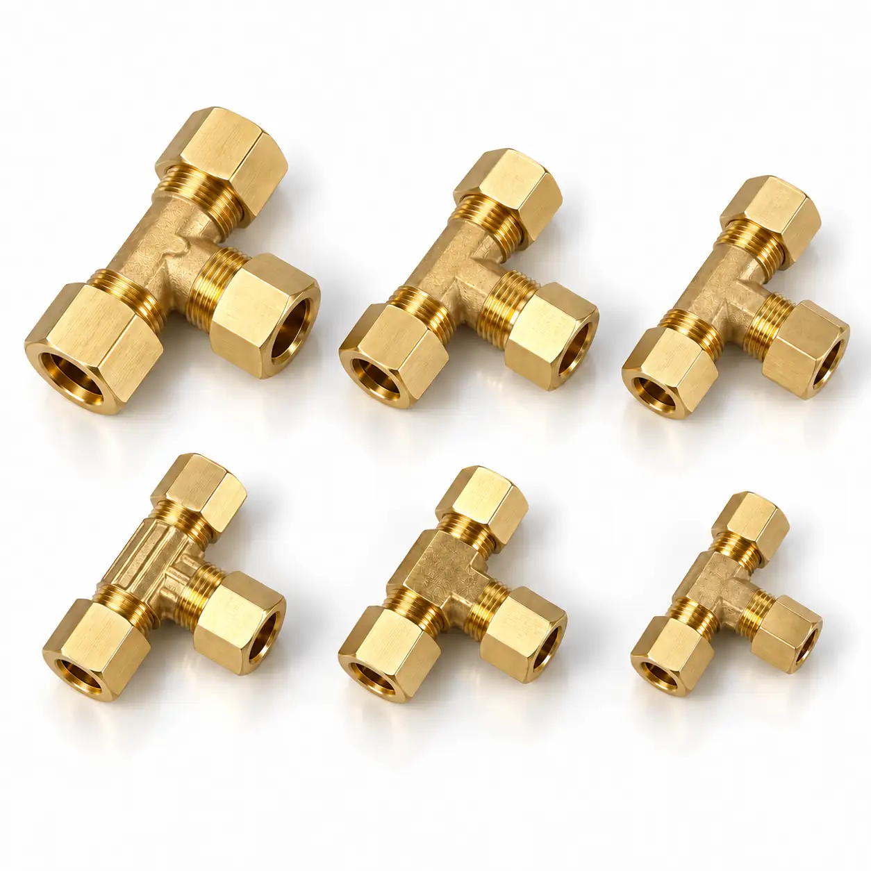Six brass compression tees in descending sizes, each with three nuts tightened down over the ferrules on its run ends and branch