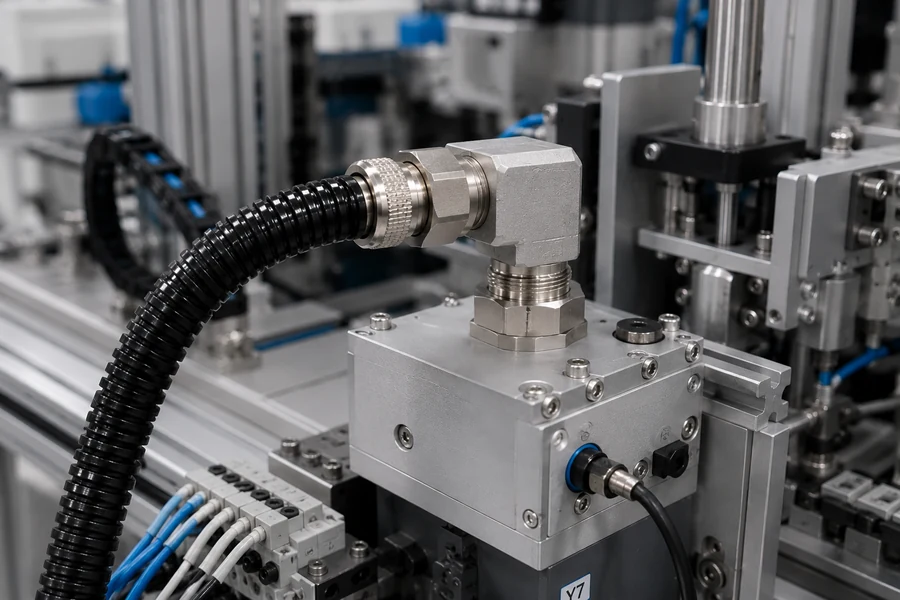 Flexible protective conduit routed into an automation module through a machined thread adapter
