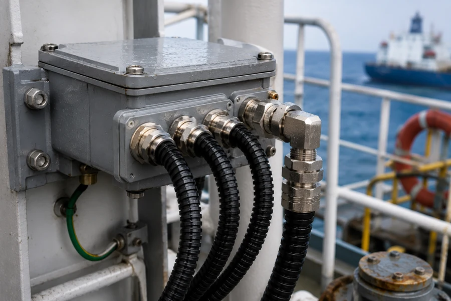 Stainless steel conduit fittings and junction box on offshore deck equipment exposed to sea air