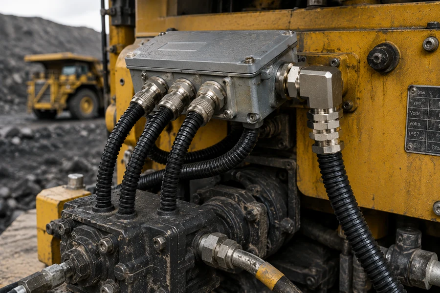 Armoured conduit and junction box on heavy mining machinery in a dusty open-pit environment