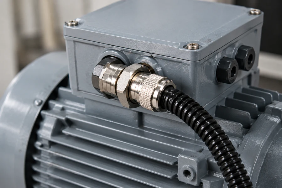 Protective metal conduit connected to an electric motor terminal box through a nickel-plated brass thread adapter