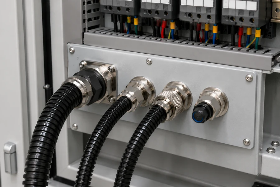 Row of cable entries with conduit adapters on the gland plate of an industrial control cabinet