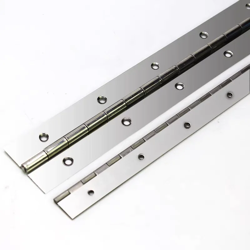 Two stainless continuous (piano) hinges in different leaf widths with countersunk screw holes