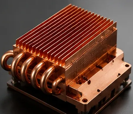 Copper heat sink: a stack of thin fins on a copper base with three bent heat pipes, on a dark surface