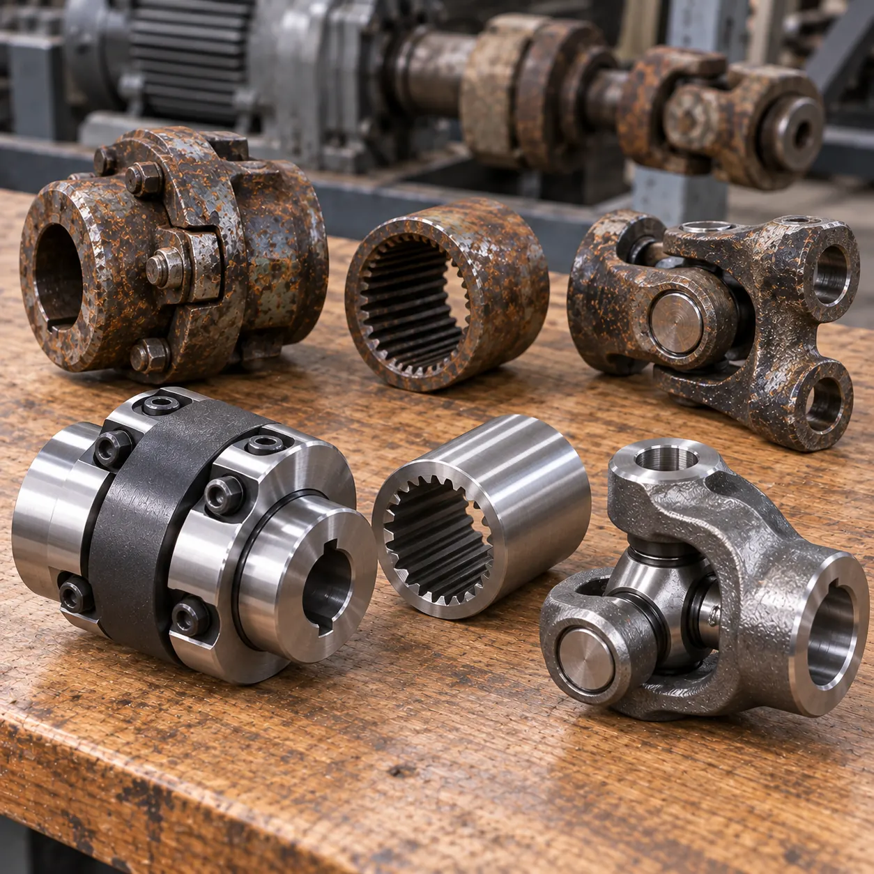 Rusty and new couplings, universal joints and splined sleeves grouped on a workbench